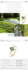 Detailed view of S925 silver ring with a 6x8mm pear-cut green moss agate stone
