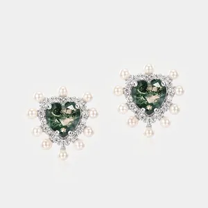 Boucles d'Oreilles Clous Cœur Vintage Avec Tige en Argent Sterling 925 Agate Mousse Naturelle Künstliche Perle Zircone Bijoux Femmes
