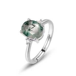Anello in Argento Sterling S925 Con Agata Muschiata per Donna Anello Aperto Regolabile in Pietra Verde Ovale Vintage Gioielli Intarsiati di Lusso con Strass Regalo