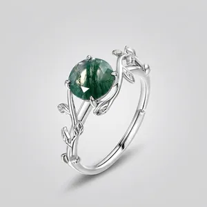 S925 Sterling Silver Moss Agate Ring For Women Retro Forest Style Vine Leaf Adjustable Open Finger Ring Rhinestone Jewelry