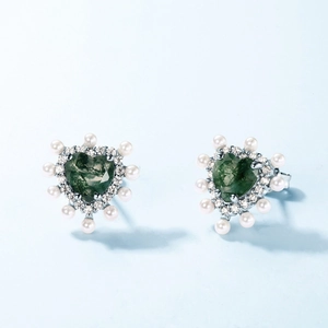 Boucles d'oreilles cœur en argent S925 avec agate mousse verte et perles blanches
