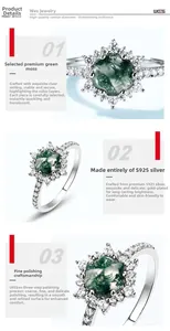 Macro detail of S925 silver ring featuring green moss agate and hand-set carbon diamonds