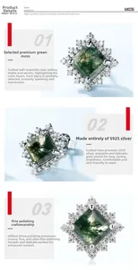 Vue détaillée des boucles d'oreilles carrées en agate mousse verte et argent S925