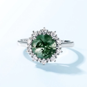 Elegante anello in argento S925 con agata muschiata e alone di diamanti a forma di girasole