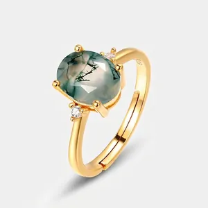 Anello in argento sterling S925 con agata muschiata verde ovale e zirconi laterali