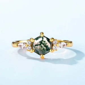 S925 silver moss agate ring with hexagonal green stone and sparkling zircon accents