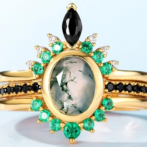 Three-piece S925 silver moss agate ring set with emeralds and diamonds in gold plating