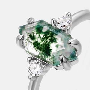 Elegant S925 silver ring featuring a hexagonal green moss agate with side diamonds