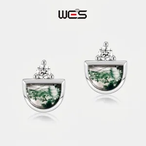 S925 Sterling Silver Moss Agate Stud Earrings Geometric Half Round Rhinestone Inlaid Gold Silver Plated Earrings For Women