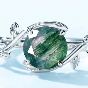 S925 sterling silver ring with moss agate stone featuring vine and leaf design