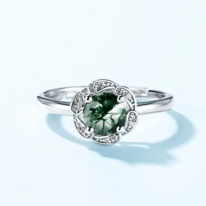 S925 silver ring with moss agate stone in flower petal setting and adjustable band