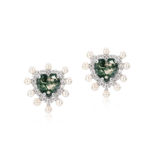 Boucles d'oreilles cœur en argent S925 avec agate mousse verte, zircons et perles