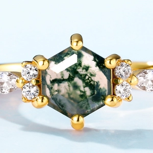 Hexagon cut moss agate ring in vintage gold plating with symmetrical side diamonds
