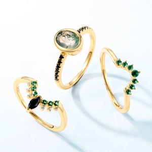 Three-piece S925 silver moss agate ring set with gold plating and vintage nature design