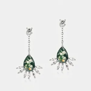 Vintage Moss Agate Drop Earrings With 925 Sterling Silver Post Rhinestone Teardrop Dangle Earrings For Women Fashion Jewelry