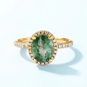Elegant gold S925 silver ring with oval green moss agate and sparkling white zircons