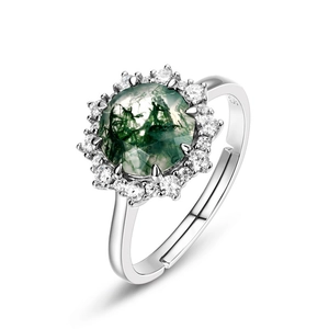 Anello in argento S925 con agata muschiata e design vintage a forma di girasole