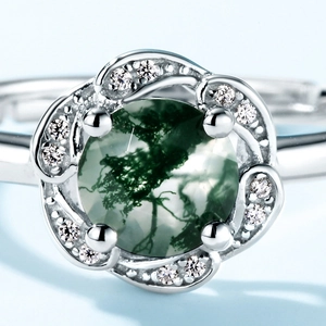 Elegant S925 silver ring with natural green moss agate in a sparkling floral setting