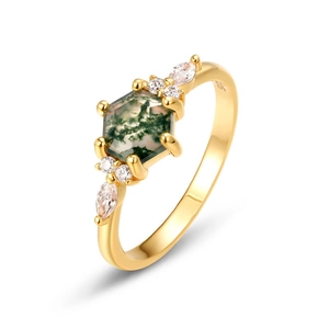 S925 silver gold plated ring with hexagonal moss agate and white zircon accents