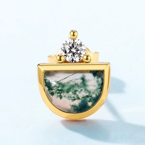 S925 silver moss agate stud earrings with cubic zirconia and 18K gold plating