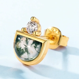 S925 sterling silver gold stud earrings with natural green moss agate and round zircon