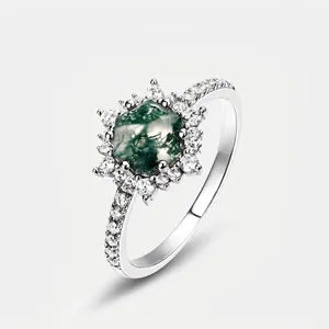 Vintage 925 Sterling Silver Hexagon Green Moss Agate Ring For Women Elegant Pave Rhinestone Halo Finger Ring Jewelry Gift