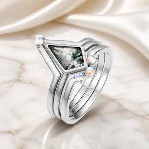 S925 Sterling Silver Moss Agate Ring Set For Women Kite Cut Stackable Opal V Shape Aquatic Agate Vintage Jewelry Gift