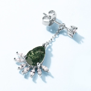 S925 silver moss agate drop earrings with pear-cut stone and marquise zircon accents