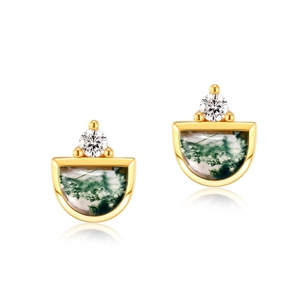 Elegant gold S925 silver stud earrings featuring semi-circle green moss agate and zircon