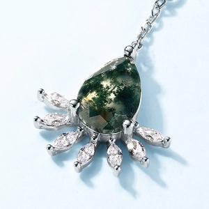 S925 sterling silver drop earring with green moss agate and marquise zirconia accents