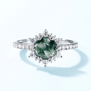 Hexagon cut green moss agate ring in S925 sterling silver with sparkling zircon halo