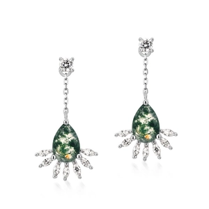 S925 silver moss agate drop earrings with water drop stones and sparkling zircon accents