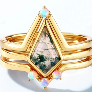 Three-piece V-shape S925 silver ring set with moss agate and round opal stones