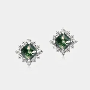 Boucles d'Oreilles Clous en Agate Mousse Carrée Avec Tige en Argent Sterling 925 Vintage Halo Strass Bijoux