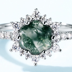 Hexagonal green moss agate ring with halo diamonds and sterling silver band