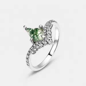 Bague en Argent Sterling 925 avec Agate Mousse pour Femme Taille Cerf-volant Géométrique Pierre Naturelle Bijoux en Strass