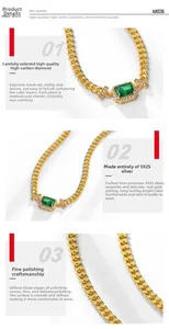 Detailed close-up of S925 silver Cuban link chain with green emerald-cut stone necklace