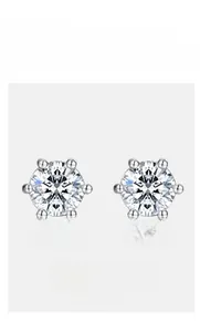 Macro detail of classic six-prong setting S925 silver moissanite stud earrings
