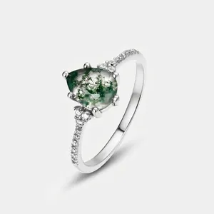 Vintage 925 Sterling Silver Moss Agate Ring For Women Gold Plated Teardrop Natural Stone Inlaid Rhinestone Geometric Finger Ring