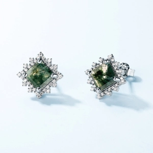 Boucles d'oreilles carrées en agate mousse argent S925 avec entourage de zircones cubiques
