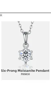 Macro shot of 925 silver moissanite pendant with classic six-prong setting and fine chain