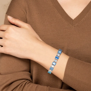 Elegant S925 silver tennis bracelet with emerald cut blue and white carbon diamonds