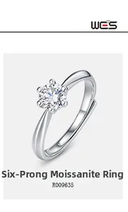 Detailed view of a classic six-prong set moissanite ring with a sleek silver band