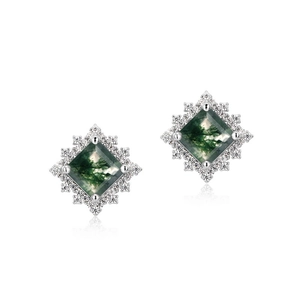 Boucles d'oreilles en argent S925 avec agate mousse carrée et contour en micro-pavage
