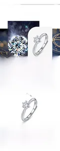 Detail of S925 sterling silver ring with 6-prong set moissanite and adjustable band
