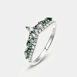 Vintage 925 Sterling Silver V Shaped Ring For Women Green Moss Agate Crown Ring With Rhinestone Marquise Cut Natural Stone Ring Jewelry