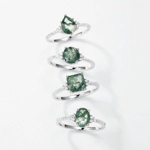 S925 sterling silver rings set with natural green moss agate in various geometric shapes