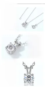 Vue détaillée du collier en argent S925 avec pendentif en moissanite ronde serti à quatre griffes