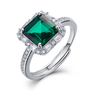 Luxurious S925 silver adjustable ring with square emerald-cut green gemstone and diamonds