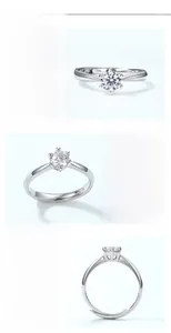 Macro view of S925 silver ring featuring classic six-prong moissanite setting and polished band